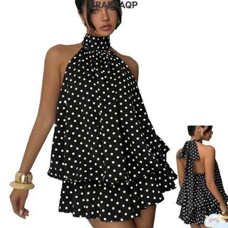 Đầm chấm bi BRBRAA, Đầm dây không tay xếp nếp, Dây đeo chéo màu trắng đen không lưng thường ngày Clubwear