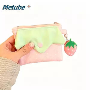Ví đựng tiền xu METUBE, Túi đựng mỹ phẩm Mini dâu chấm bi, Thiết kế dây kéo đa chức năng Hộp đựng thẻ di động Lưu trữ phụ kiện nhỏ