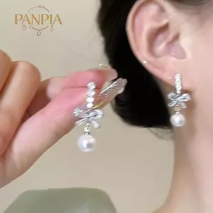 PNPIA- 1 Cặp Tinh Tế Nơ Ngọc Trai Tòn Ten Bông Tai Nữ Thời Trang Cô Gái Ngọt Ngào Bông Tai Tiệc Cưới Phụ Kiện Trang Sức Quà Tặng