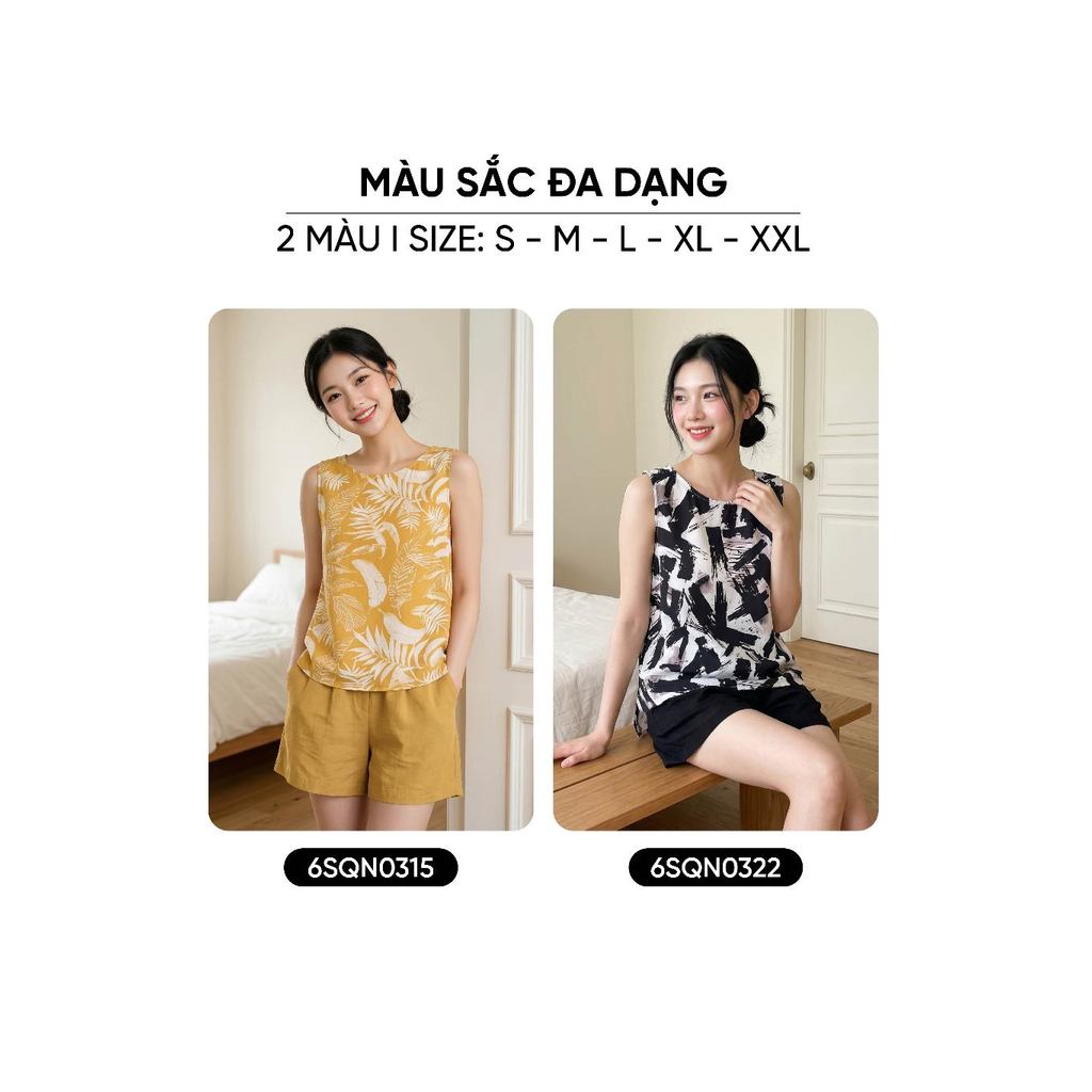 Bộ đồ nữ CARDINA chất liệu lanh áo sát nách cổ tròn và quần sooc 6SQN03