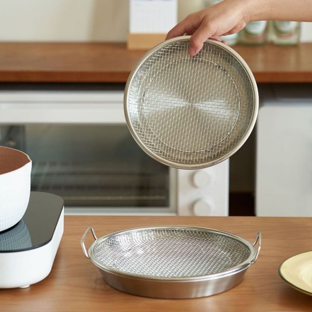 Khay đĩa kèm vỉ lưới lọc dầu chất liệu inox 304 cao cấp , size 20-22cm, ráo dầu, dùng cho lò nướng-nồi chiên