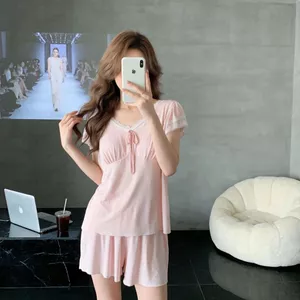 Bộ đồ ngủ nữ mùa hè M-3XL Bộ đồ ngủ có đệm xốp ngực Ren tay ngắn Modal Đồ ngủ