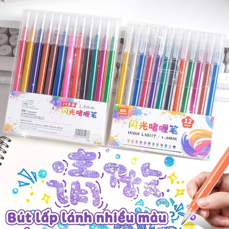 Bút gel nhũ highlight siêu nhũ đều màu nhiều mực ngòi lấp lánh kim tuyến set 60 cho bé vẽ tô màu đẹp