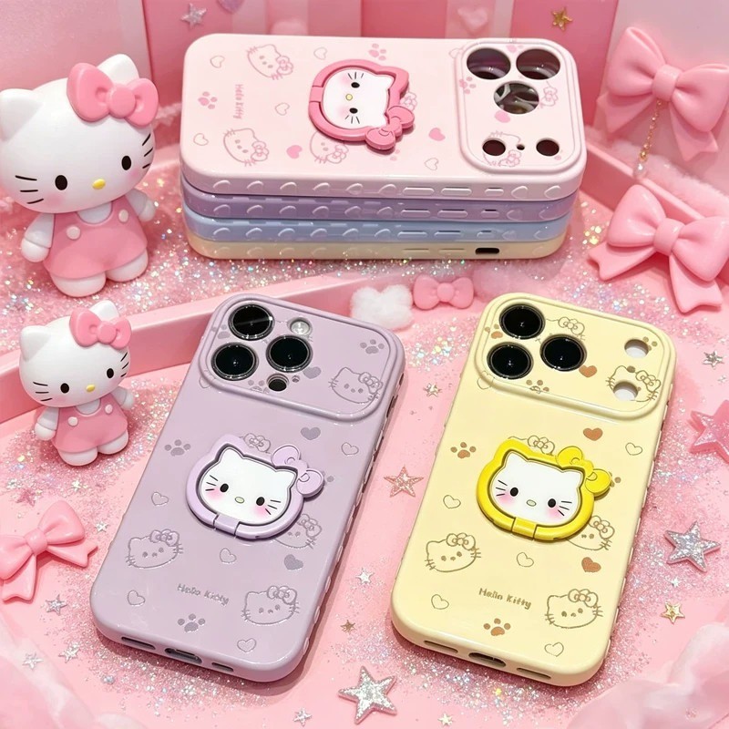 Vỏ điện thoại iPhone giá đỡ ba chiều Hello Kitty Vỏ cao su mềm mặt trái iPhone - 11/12/13/14/15/16/17/Plus/Air/Pro/Max