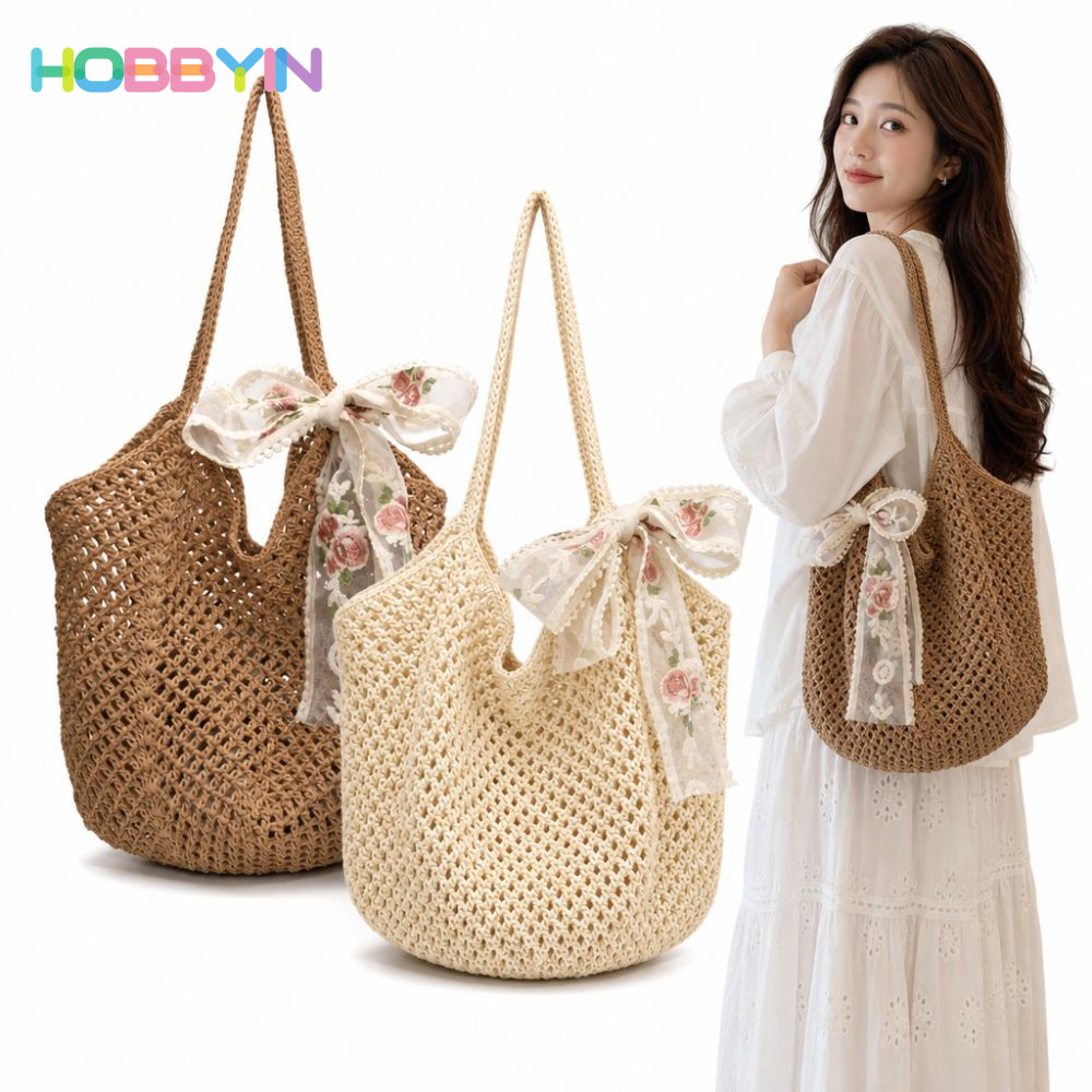HOBBYIN Túi đeo vai nữ HOBBYIN, Túi đeo nách dệt kim rỗng, Thời trang thủ công với nơ ren Dung tích lớn Túi Tote móc đi biển mùa hè