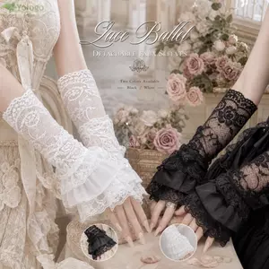 YOLOGO Vòng bít có thể tháo rời, Vòng bít tay giả ren 3 lớp xếp ly xếp ly, Găng tay hở ngón phong cách ba lê Lolita thời trang Trang trí đám cưới