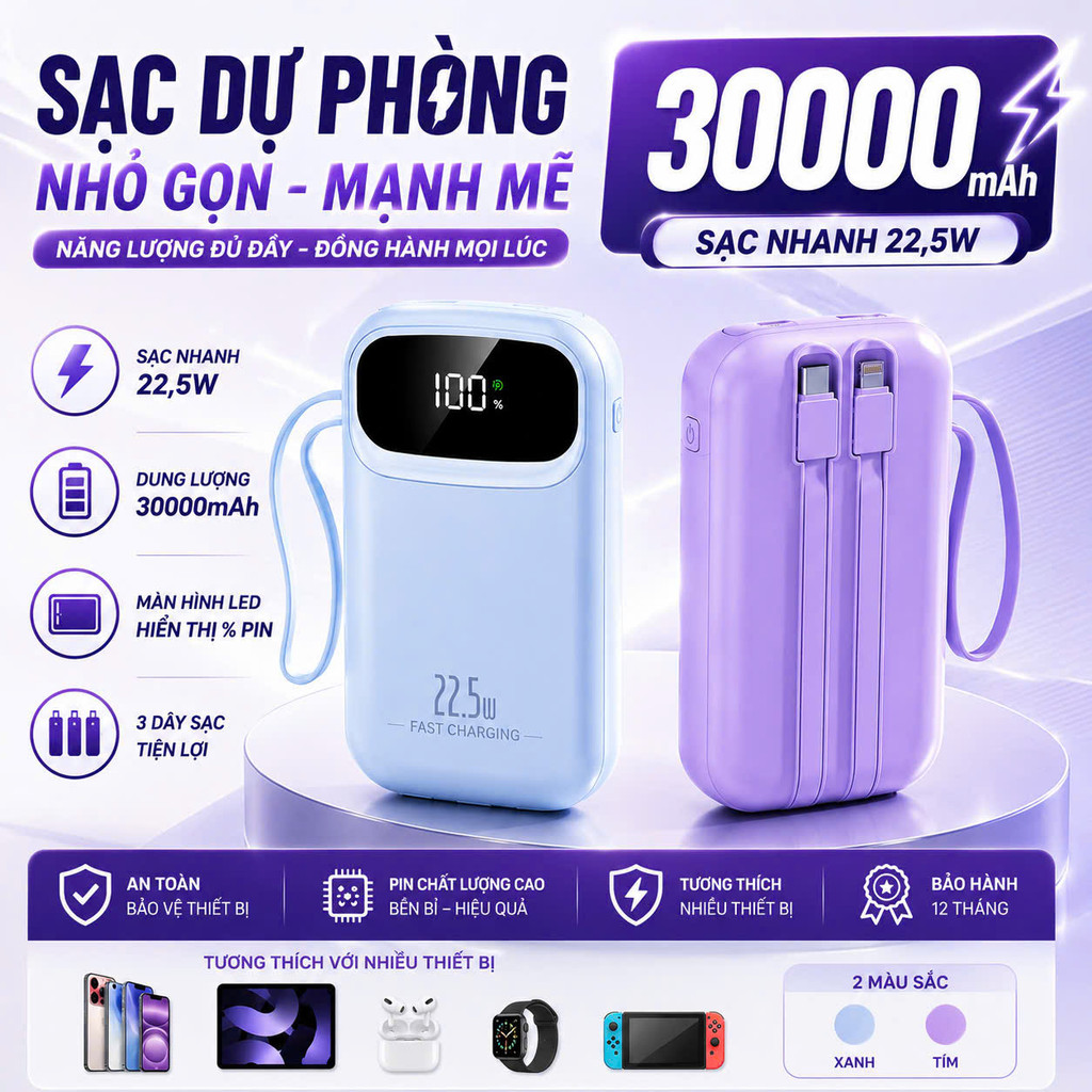 Sạc Dự Phòng 30000mAh Sạc Nhanh PD 22.5W Tự Tích Hợp Dây Đôi Quai Xách Màn Hình LED Đa Năng