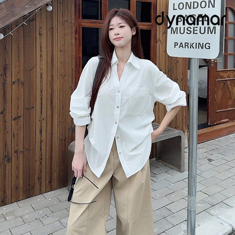 【dynamar】Áo sơ mi cổ V thiết kế nhúm eo tôn dáng trẻ trung chất liệu Thô Cotton Hàn thoáng mát