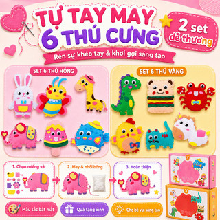 Bộ may vá DIY thú bông cho bé – An toàn – Tự tay làm móc khóa xinh – Phụ kiện: kim, chỉ, bông, mắt thú, hộp đựng