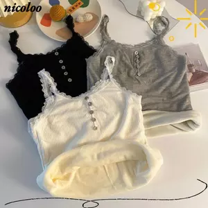 Áo ấm áp NICOLOO, Áo không tay giữ nhiệt ren gợi cảm thông thường, Áo thun nhung mỏng mùa đông co giãn màu trơn