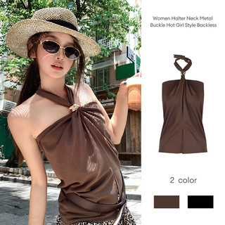 Áo croptop hở lưng cổ yếm khóa kim loại dành cho nữ, kiểu dáng gợi cảm.