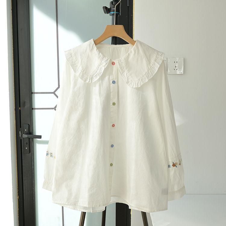 [Giảm giá trong thời gian có hạn] Áo sơ mi dài tay thêu hoa phong cách Preppy dành cho nữ