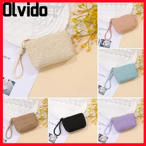 Ví rơm OLVIDO, Ví đựng tiền xu nhẹ Mini, Hộp đựng thẻ màu trơn có dây kéo di động mùa hè