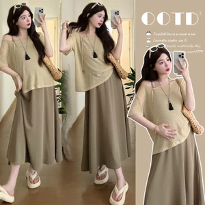 Bộ đồ bà bầu Váy thường ngày mùa hè + Bộ đồ hai mảnh tay ngắn dáng rộng đơn giản