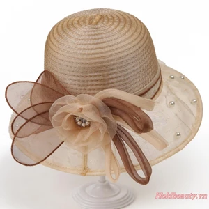 Mũ chống nắng Organza dành cho nữ Mũ mùa hè vành rộng cổ điển có ngọc trai và hoa cho kỳ nghỉ đi biển