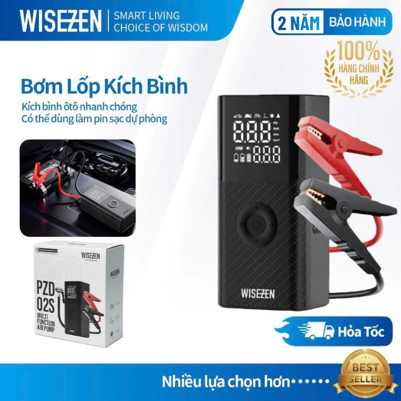 Kích Bình ô Tô Kiêm Bơm Lốp ô Tô 4 Trong 1 Wisezen Sử Dụng Bộ Kẹp Thông Minh An Toàn Chống Ngược Cực