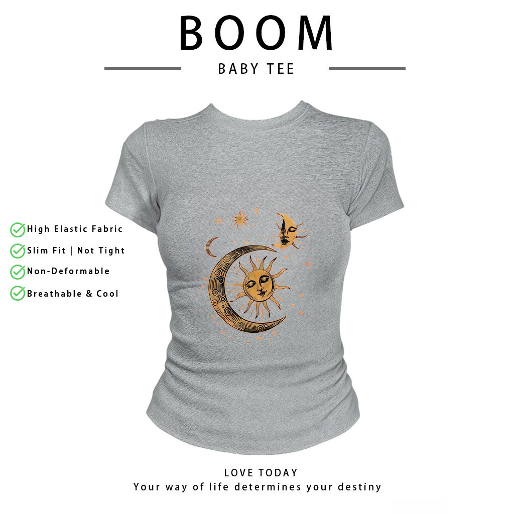 BOOM Áo Baby Tee Nữ Cotton Ôm Body-Áo Thun Ngắn Tay Y2K In Hình PhongCách Mùa Hè, Cổ Tròn Hàng Đầucách hàn quốc phong&18