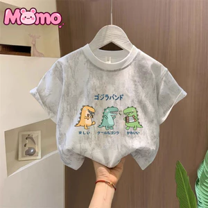 Áo thun trẻ em cổ tròn in họa tiết hoạt hình khủng long dành cho bé trai và bé gái