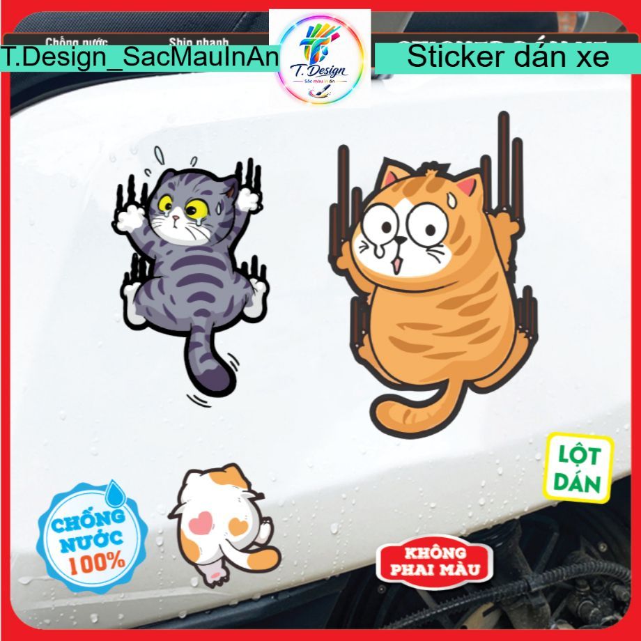 Set 5 con Mèo đi 2 chân dễ thương dán kính xe, sticker chống nước, che vết xước