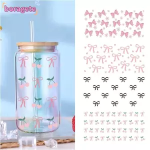 Nhãn dán chuyển BORAGETE UV DTF, Nơ Chủ đề Kính bọc, Đề can cốc chống nước mịn màng hoạt hình để trang trí cốc