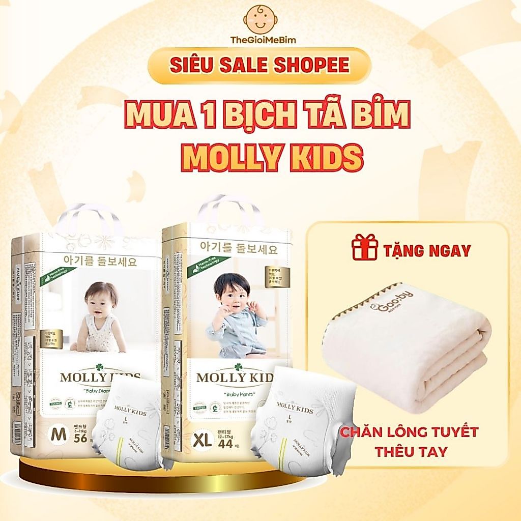 [ Tặng Chăn Lông Tuyết Thêu Tay ] 1 Bịch Tã/Bỉm Dán và Quần Molly Kids Bỉm Siêu Mỏng Nhẹ Cho Bé