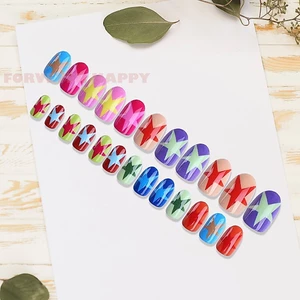 Dopamine Color Star Móng Tay Giả 24 Miếng Hình Bầu Dục Thiết Kế Ngắn Thoải Mái Mặc