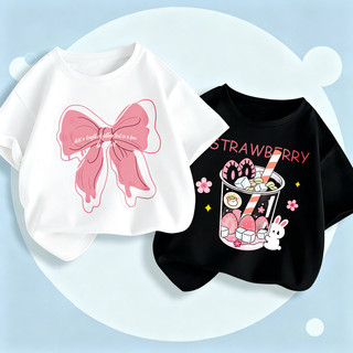 Áo Thun Bông Bé Gái In Nơ Thỏ Dâu Cute, Áo Ngắn Tay Hè COD