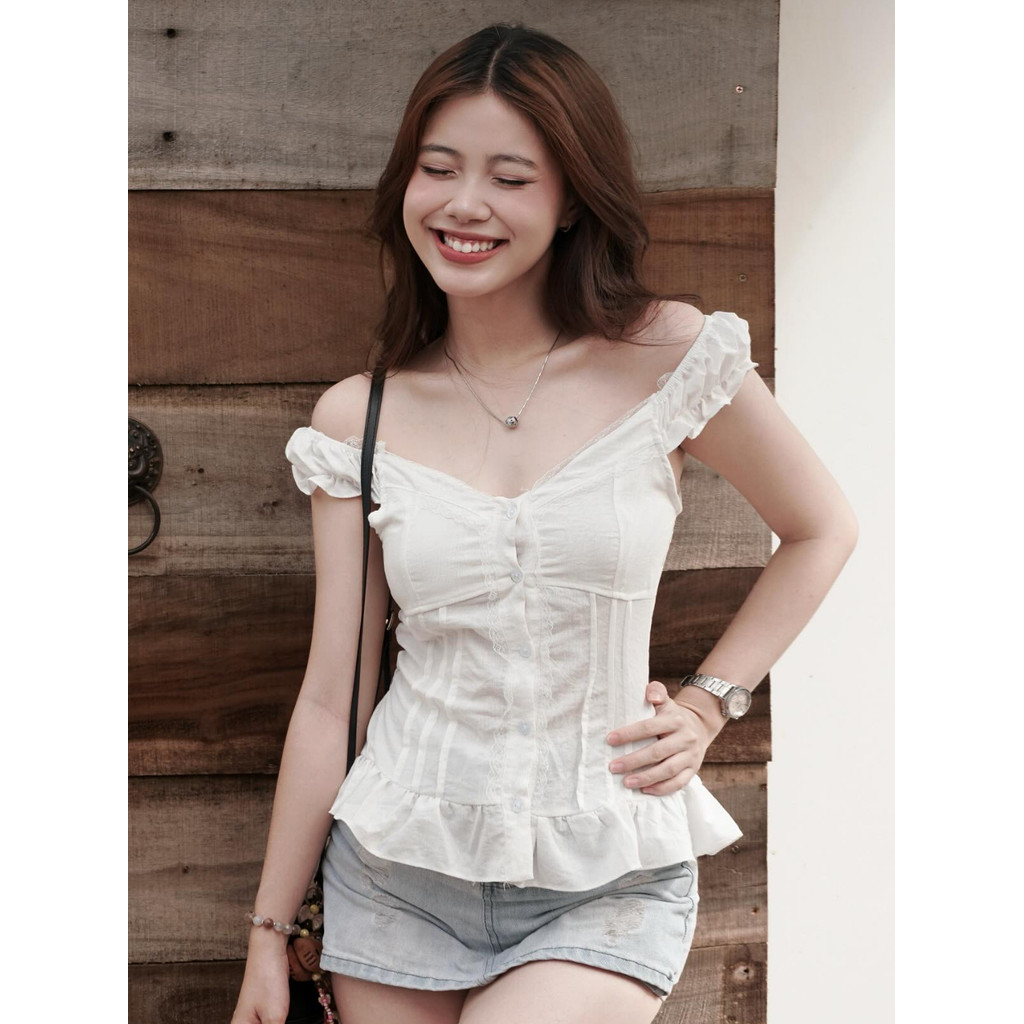 Áo Babydoll Kiểu Xinh Nữ Vạt Xòe Phối Cúc Bọc Vải Mùa Hè SS2025 - KA534 Shees Thời Trang Nữ