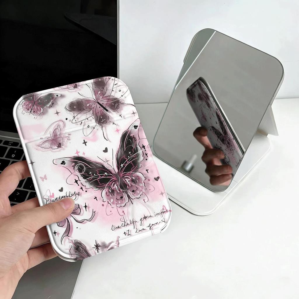 Gương gấp mini họa tiết bướm hoa nền hồng tím phong cách nữ tính mềm mại