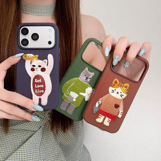Ốp điện thoại vải thêu 3D hình mèo dễ thương Kawaii | Vỏ chống rơi mềm, Phụ kiện hàng ngày sành điệu cho bé gái và nữ, Phù hợp với iPhone 13 / 14 / 15 / 16 / 17 Pro Max Vỏ điện thoại