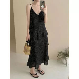 Đầm đeo chéo chấm bi kiểu Pháp phong cách mới mùa hè dành cho nữ, cổ chữ V Xù khí chất phong cách dài