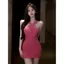 Váy ôm cổ tròn màu đỏ hồng phong cách cay ngọt ngào Váy ôm chéo Skinny Fit mùa hè