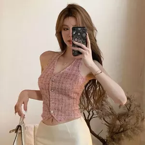 Áo Vest khí chất mùa hè Hot Girl Dây thiết kế cổ eo hẹp thon gọn hơn Kiểm tra áo yếm Top