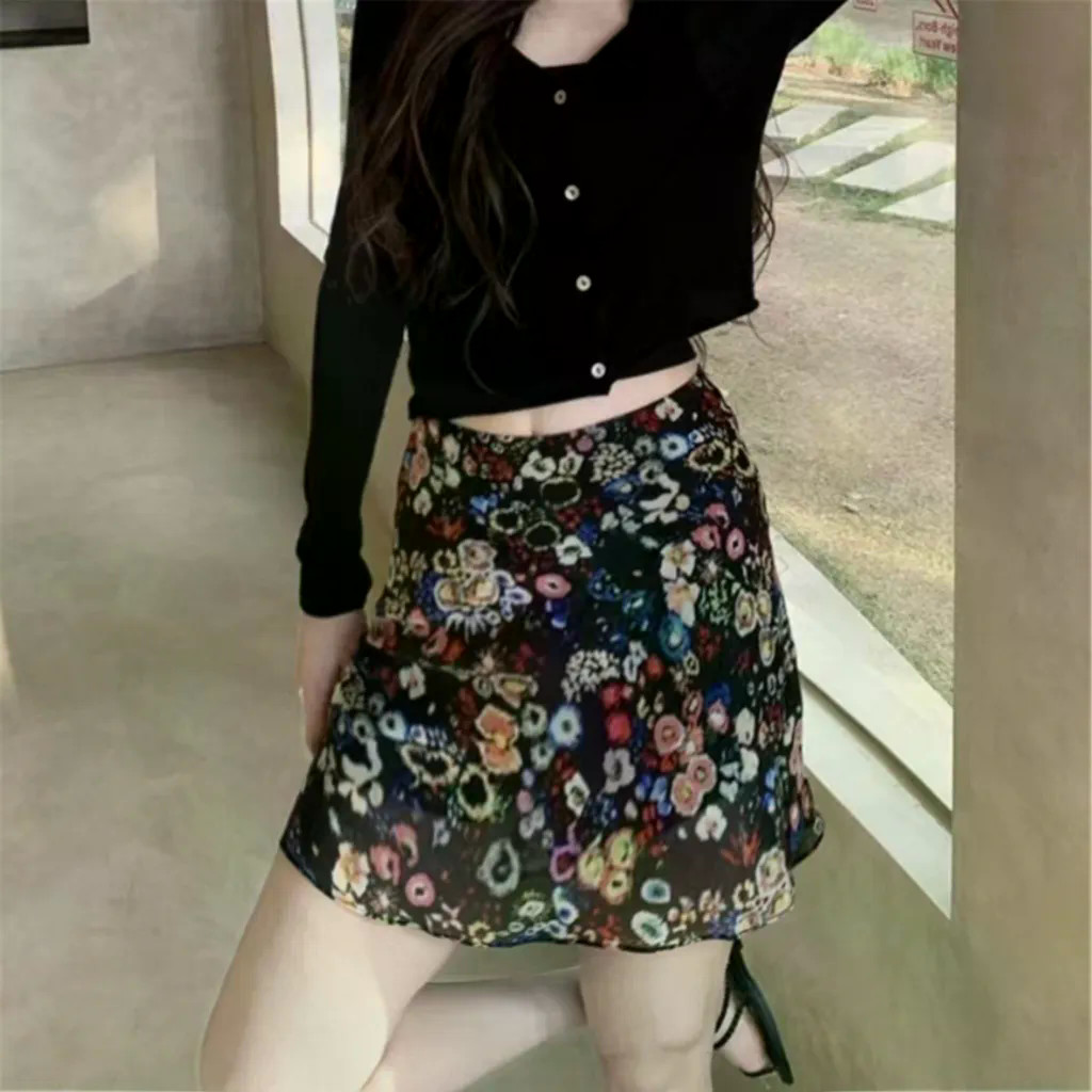 Váy ngắn hoa cổ điển lãng mạn dành cho nữ mùa hè Váy chữ A lưng cao đa năng mới