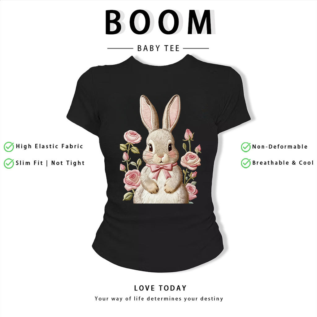 BOOM Áo Baby Tee Nữ Cotton Ôm Body-Áo Thun Ngắn Tay Y2K In Hình PhongCách Mùa Hè, Cổ Tròn Hàng Đầucách hàn quốc phongC89