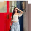 Mùa hè Sản phẩm mới Thời trang Slim-fit Wrinkled Sweet Fungus Edge Flat Neck Laced-Up Small Top