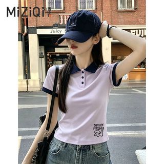 [MIZIQI] Áo thun ngắn tay cổ Polo phong cách Hàn Quốc dành cho nữ, Áo ngắn màu tương phản mùa hè