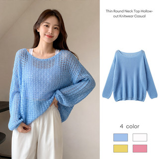 Áo dệt kim cổ tròn mỏng, khoét lỗ, kiểu dáng thường ngày thanh lịch, tay dài, thích hợp mặc ngoài.