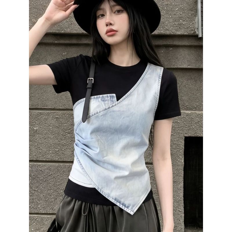 [Khuyến mãi trong thời gian có hạn] Áo thun Denim hai mảnh giả thiết kế cảm giác sang trọng ngắn hàng đầu dành cho nữ