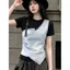 Áo thun Denim hai mảnh giả thiết kế cảm giác sang trọng ngắn hàng đầu dành cho nữ