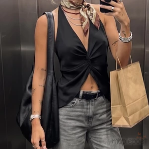 MAPLEPOET-Áo cổ dây cho nữ màu trơn không tay xoắn phía trước Slim Fit Vest cho hàng ngày