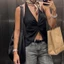 MAPLEPOET-Áo cổ dây cho nữ màu trơn không tay xoắn phía trước Slim Fit Vest cho hàng ngày