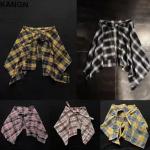 KANGN Nữ Váy Kẻ Sọc, Áo Sơ Mi Nơ Nơ Không Đều, Đàn Hồi Xanh Trắng Lưới Mini Váy Ngắn Chữ a Bé Gái Dạo Phố