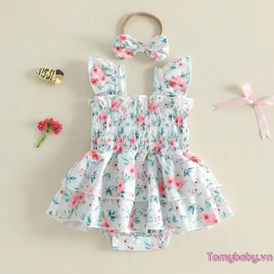 Bộ đồ liền thân hai lớp in hoa cho bé gái có dây đeo nơ