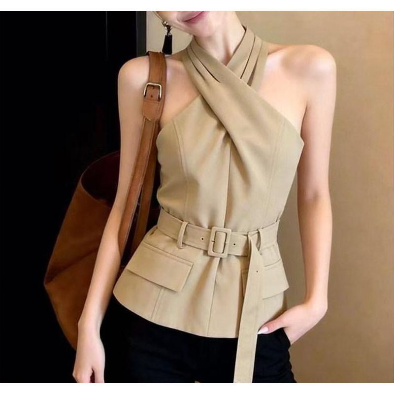 [Hàng mới về] Phong cách gợi cảm Sweet Hot Girl Cross Halter Áo yếm Thiết kế quần áo nữ Cảm giác khổng lồ Tay áo eo hẹp có dây buộc đẹp mắt
