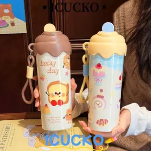 Cốc cách nhiệt ICUCKO, Cốc hút chân không bằng thép không gỉ kem, có dây buộc có ống hút 600ml Chai nước giữ nhiệt Quà tặng