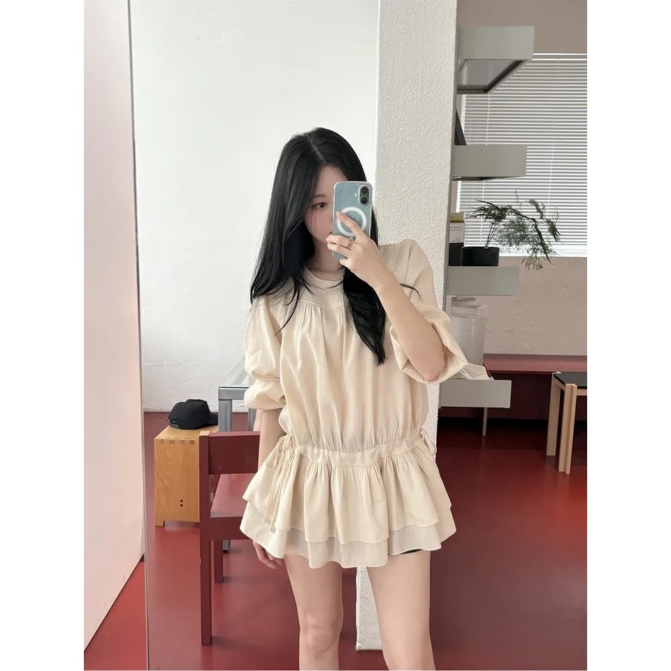 SUXI Mùa hè mới dành cho nữ màu trơn nhẹ nhàng phong cách Hàn Quốc Váy ngọt kiểu Pháp 260528