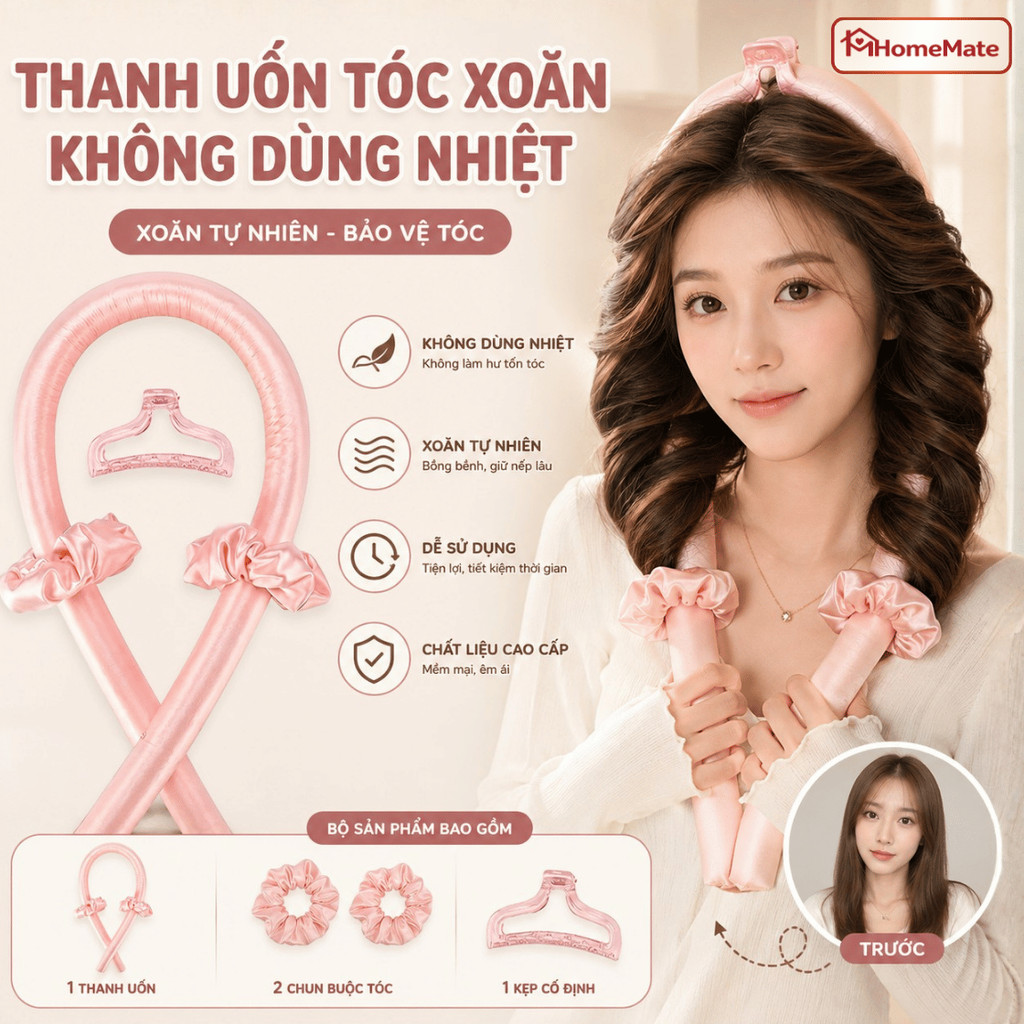 Thanh Uốn Tóc Không Nhiệt HomeMate Tặng Kẹp Tóc, Lô Cuốn Tóc Xoăn Sóng Nước Tự Nhiên, Dụng Cụ Uốn Tóc Khi Ngủ