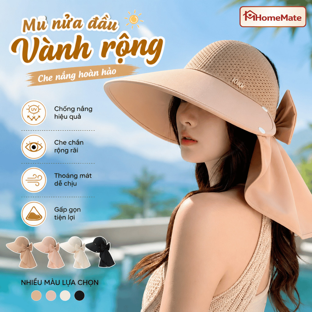 Mũ Chống Nắng Nửa Đầu HomeMate Vành Rộng Kèm Khăn Che Cổ, Nón Nữ Hàn Quốc Gập Gọn Có Dây Thắt Nơ
