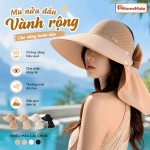 Mũ Chống Nắng Nửa Đầu HomeMate Vành Rộng Kèm Khăn Che Cổ, Nón Nữ Hàn Quốc Gập Gọn Có Dây Thắt Nơ